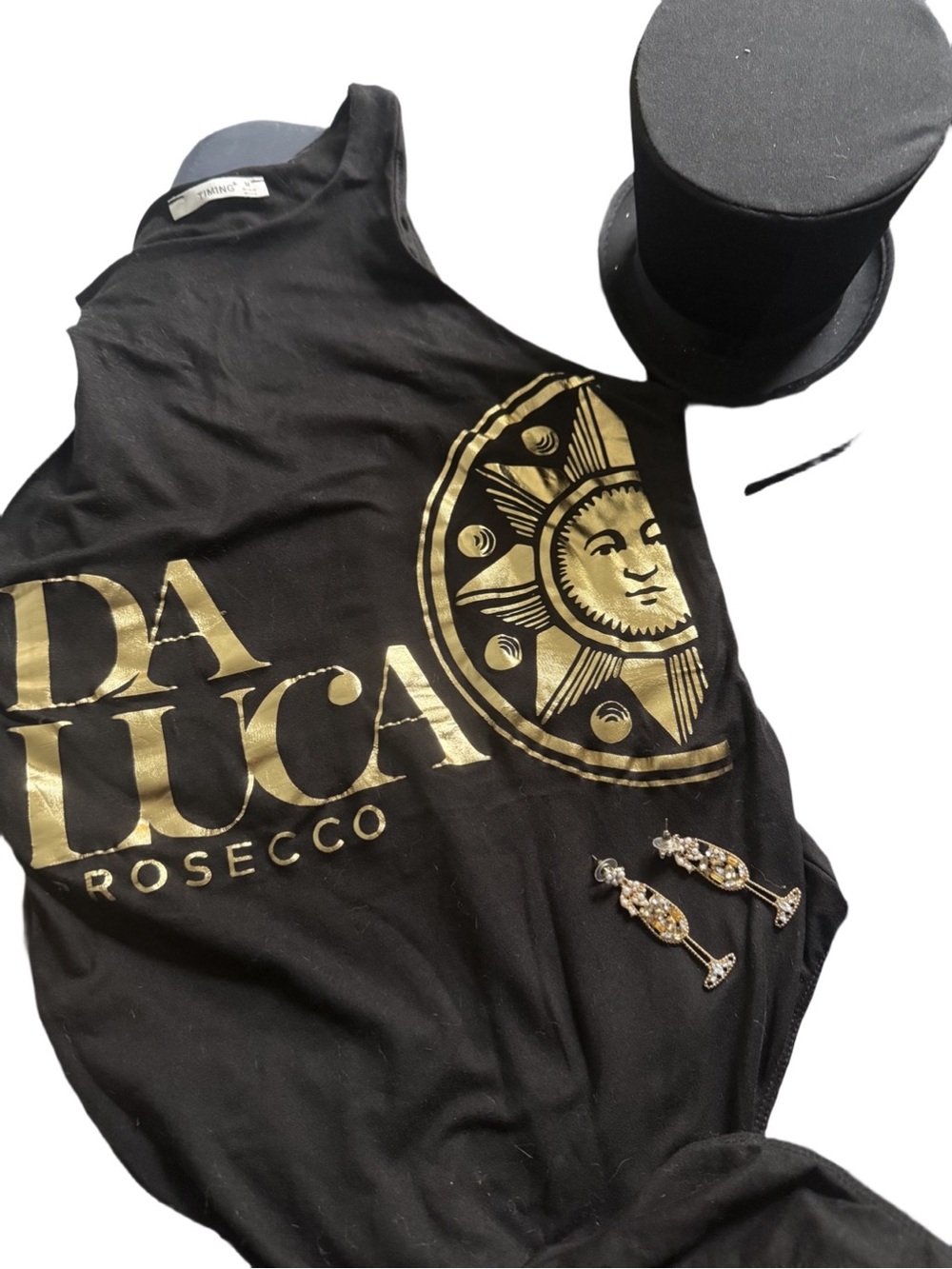 Handmade DA LUCA Prosecco costume w/Top Hat and champagne earrings sz M